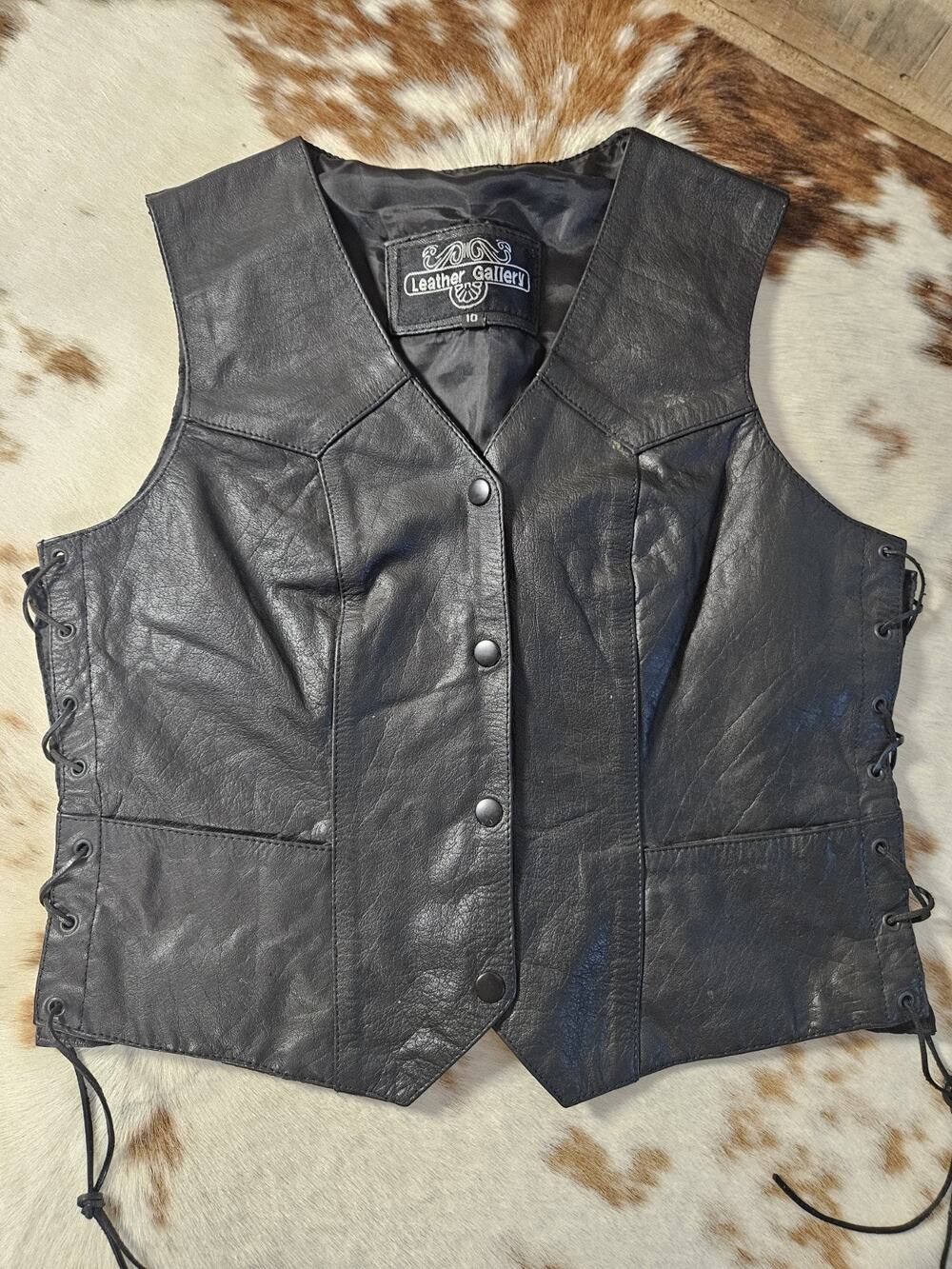 Leather Gallery Vest Womens 10 Black Genuine Leather Biker Motorcycle